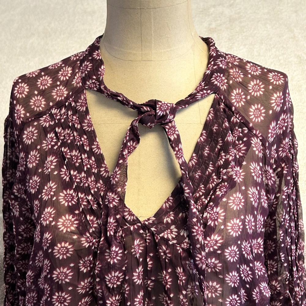 Lucky Brand Womens Blouse 2X Sheer Floral Burgundy Pintuck Tie Neck